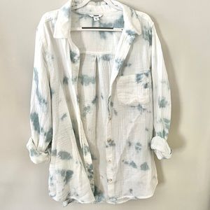 Sonoma Button Down Blouse/Women, Long Sleeve, White/Blue Tie Dye, Medium, New